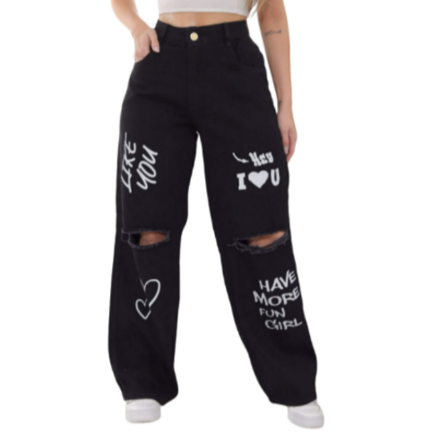 Calça Jeans Feminina Wide Leg! Detalhes modernos de rasgos nos joelhos e pinturas únicas