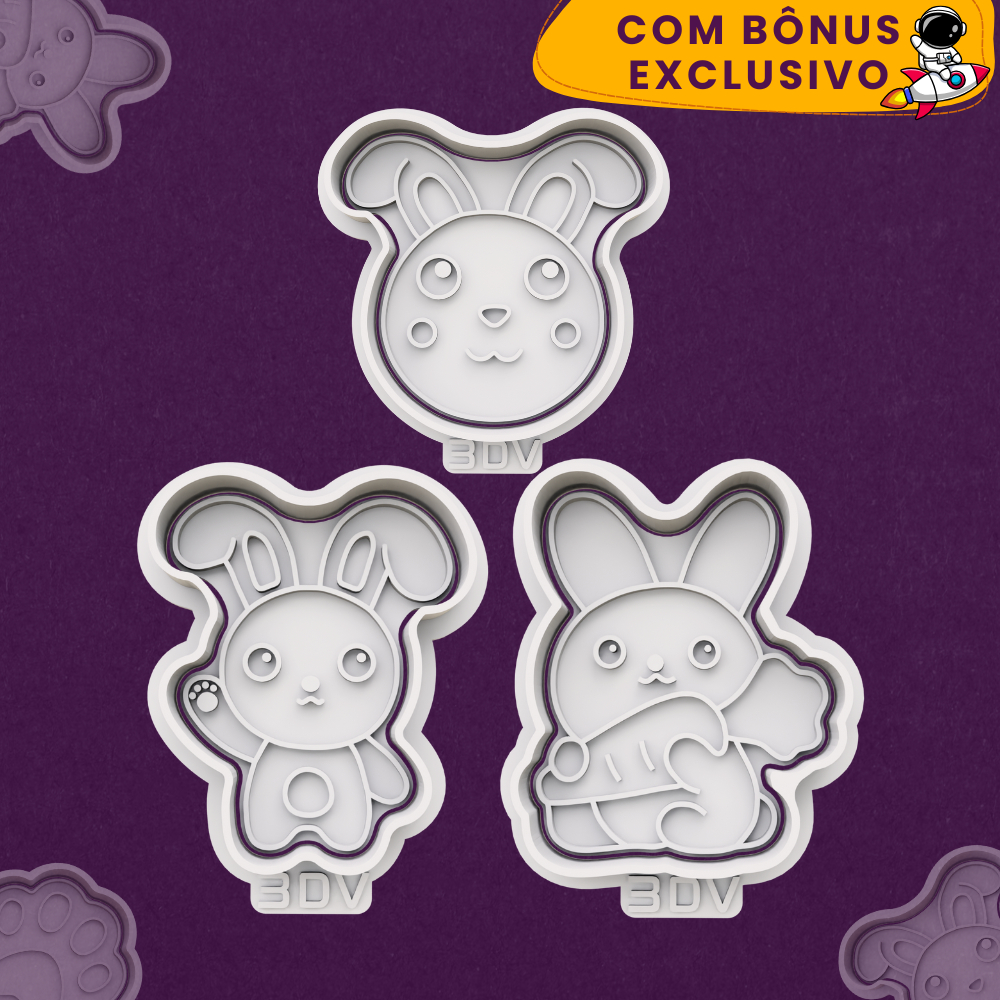 Kit 3 Cortador Marcador Coelho Páscoa Coelhinho Lebre da Páscoa Biscoito Cookie Pasta Decoração