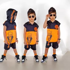 Conjunto de Verão Masculino Naruto Uzumaki Camiseta e Bermuda Fantasia Naruto