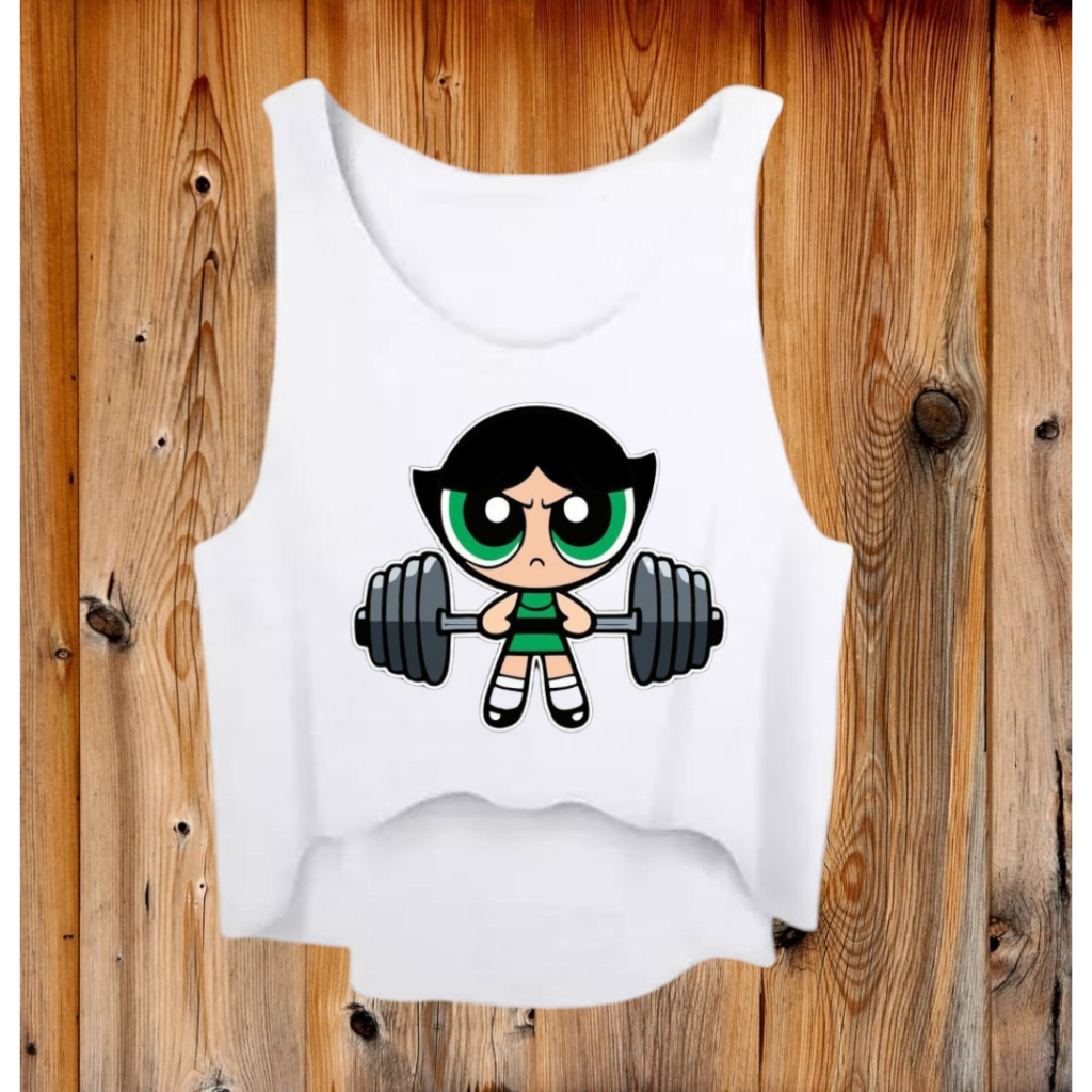 camiseta regata cropped fitness estampas meninas superpoderosas feminina academia