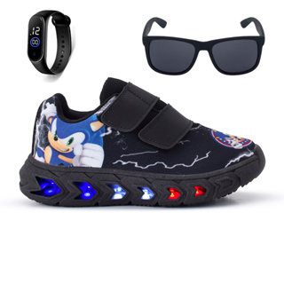 kit Tênis Masculino Infantil De Led Meninos Sonic Velcro Preto Preto + Óculos e Relógio Linkito em Oferta na Shopee