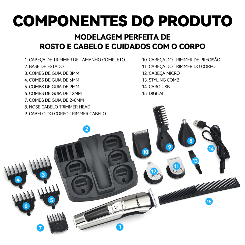12 Em 1 Barbeador Eletrico Masculino Sem Fio Máquina De Barbear E Aparador Pelos Para Nariz Corpo Rosto E Bigode Bivolt — foto 8