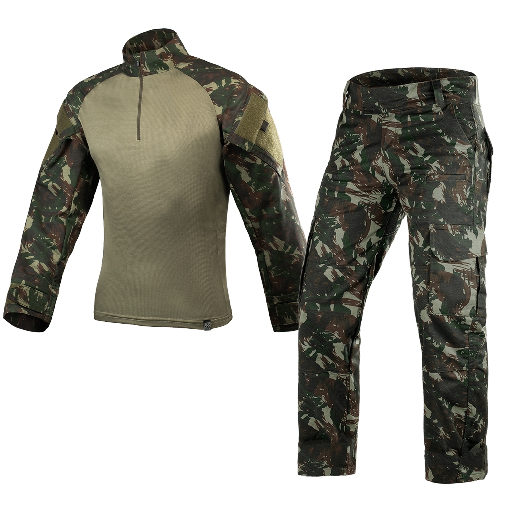 Farda Masculina Calça e Camisa Combat Shirt Use Tático Reforçada Ripstop Camuflada Exército