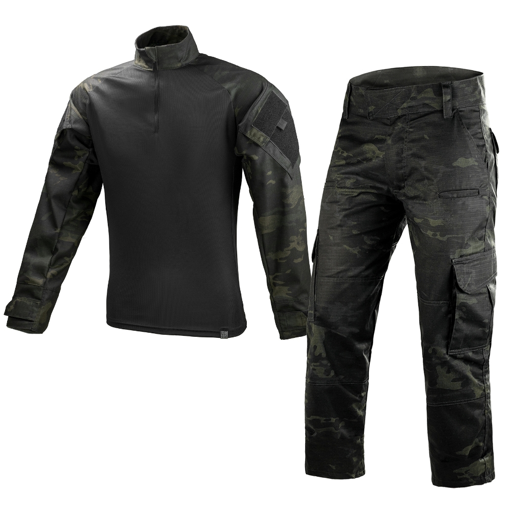Farda Masculina Calça e Camisa Combat Shirt Tática Ripstop Reforçada Camuflada Multicam Black