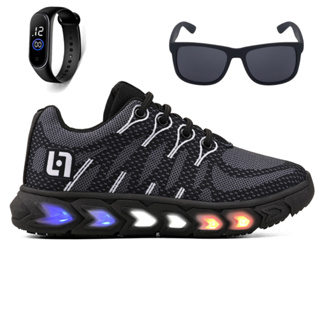 Tenis Infantil De Led Meninos Casual Preto Preto Com Luzes + Óculos e Relógio Linkito em Oferta na Shopee