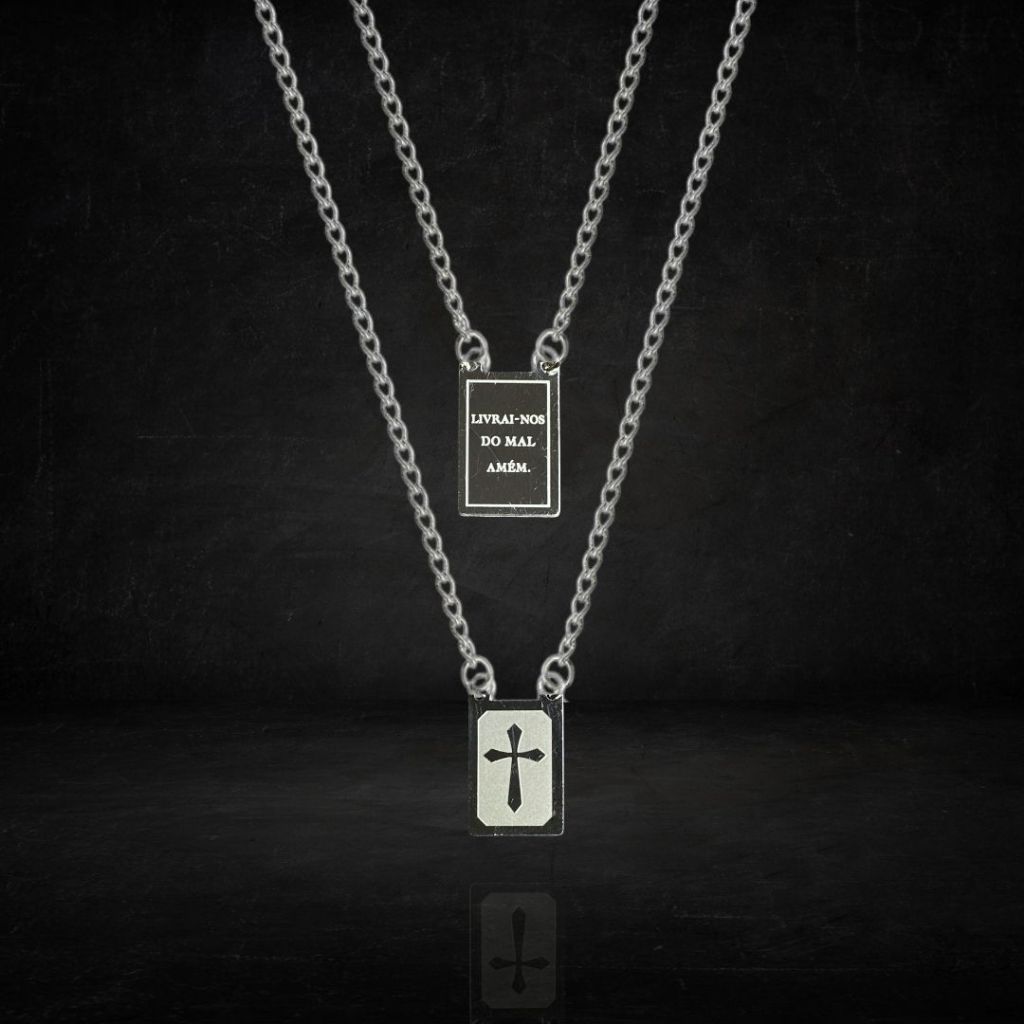 Colar Escapulário Aço Inox Prateado "Livrai-nos do Mal" Masculino e Feminino em Oferta na Shopee