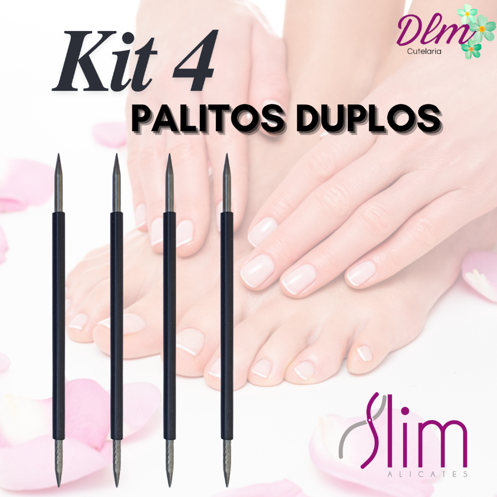 Kit com 4 Palito Duplo 105 Cutícula Manicure Pedicure Cutelaria Unha Preto Esterilizável Inox - Slim em Oferta na Shopee