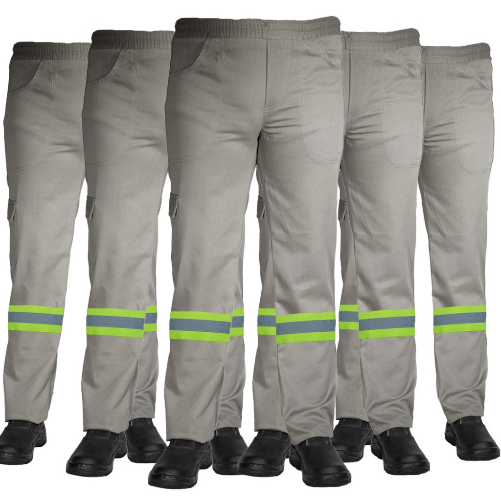 Kit 5 Calça Uniforme Profissional Brim Reforçada para Trabalho Pesado Com Faixa Refletiva