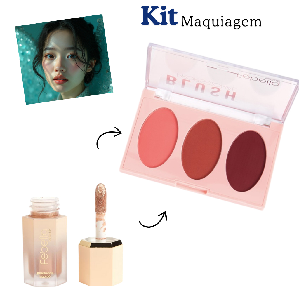 Paleta Blush Compacto, Sombra mais Iluminador Líquido, Kit Ruby Maquiagem Febella