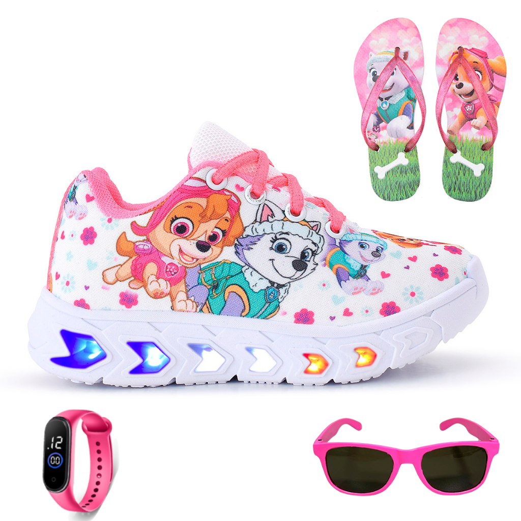 Kit Tenis Feminino Infantil De Led Meninas Patrulha Canina Pink Cadarço + Chinelo + Óculos + Relógio Linkito em Oferta na Shopee