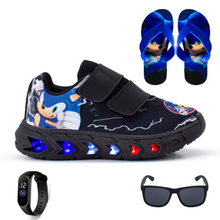 kit Tênis Masculino Infantil De Led Meninos Sonic Velcro Preto + Chinelo + Óculos e Relógio Linkito em Oferta na Shopee