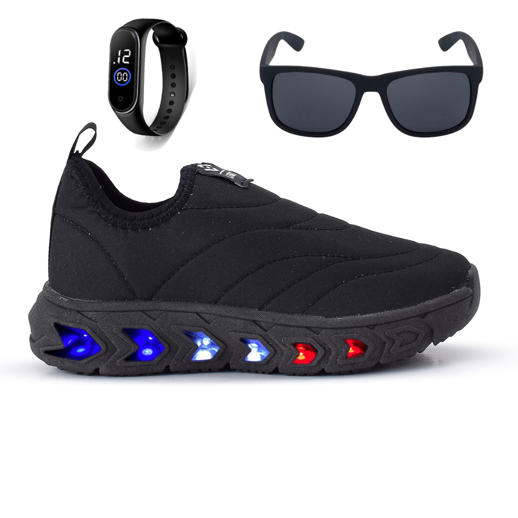Tenis Infantil de Led Menino e Menina Calce Facil Preto e Preto e Óculos e Relógio Linkito