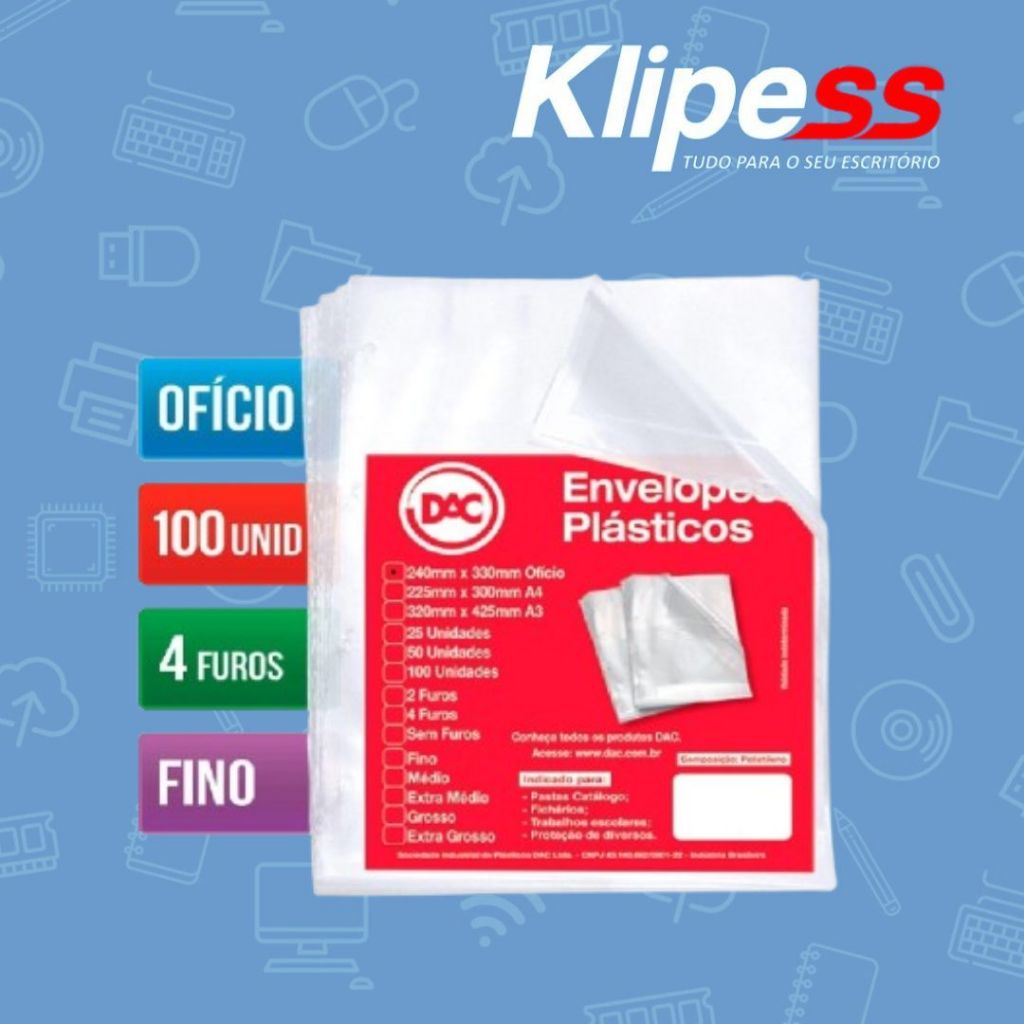 Envelope Plástico Ofício, DAC,100 fls, 4 Furos, Fino Ref: 070FU DAC.