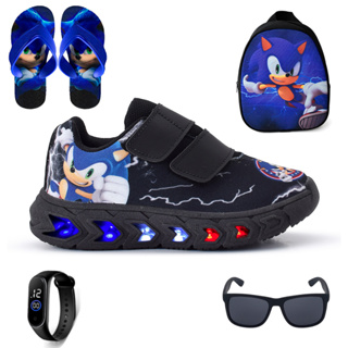 kit Tênis Masculino Infantil Led Meninos Sonic Velcro + Mochila + Chinelo + Óculos + Relógio Linkito em Oferta na Shopee