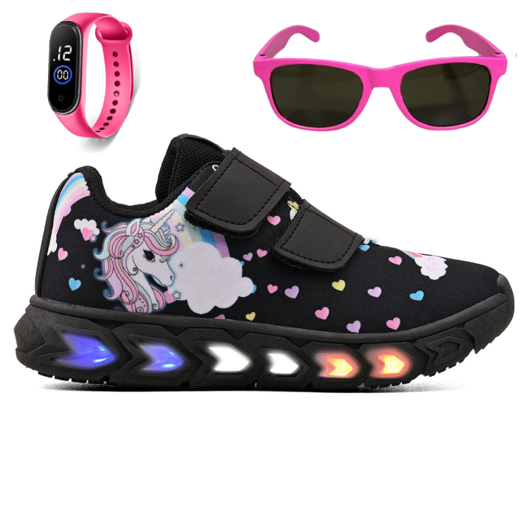 Tênis Infantil Feminino de Led Unicornio Menina Rosa Tira Colante com Óculos e Relógio Linkito em Oferta na Shopee