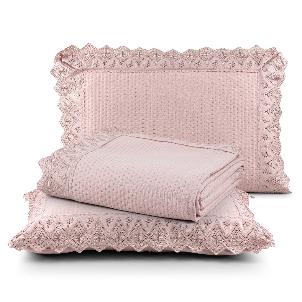 Cobre Leito Queen 300 Fios 3 Peças Bordado Inglês Premium Madri
