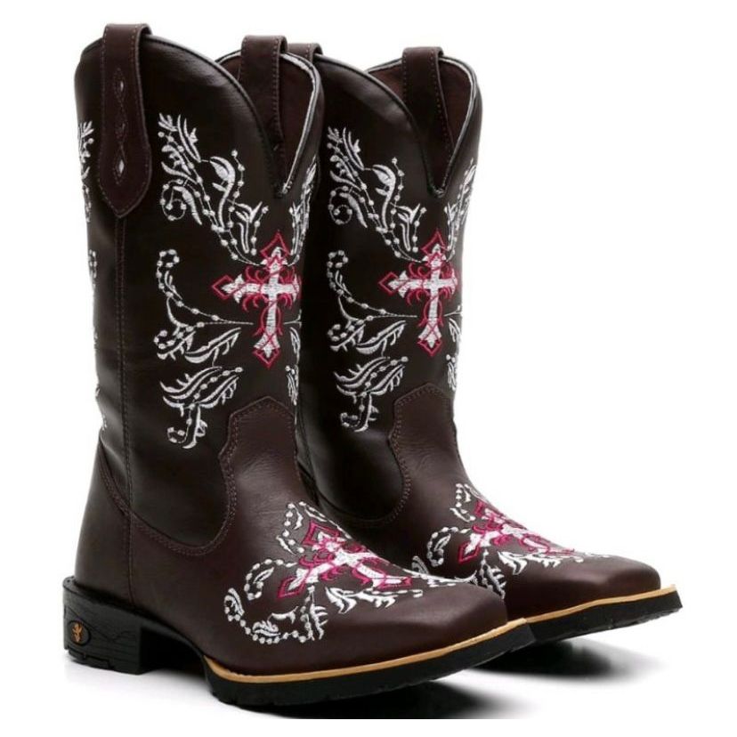 Detalhes do Bota Botina Texana Country  Cruzeta Rosa Bordada Unissex Bico Quadrado
