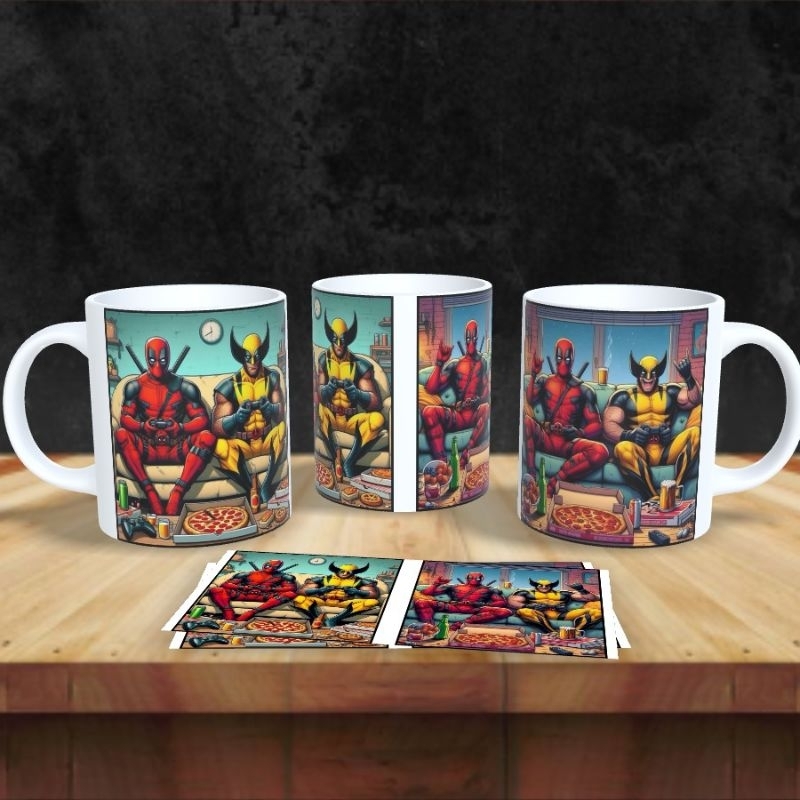 caneca personalizada Marvel Deadpool Wolverine jogando vídeo game