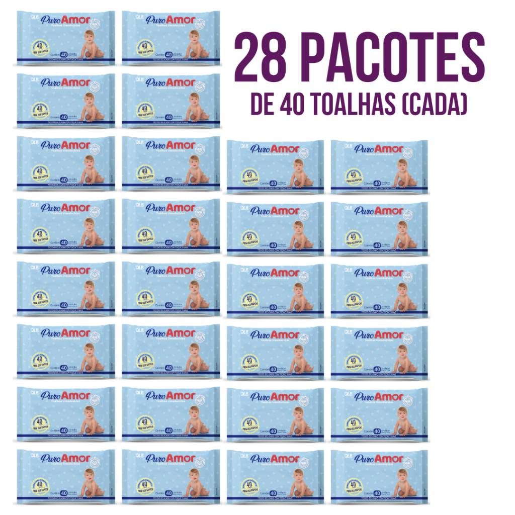 Caixa com 28 Lenços/Toalhas Umedecidas Puro Amor c/ 40 Unidades Cada – Econômico