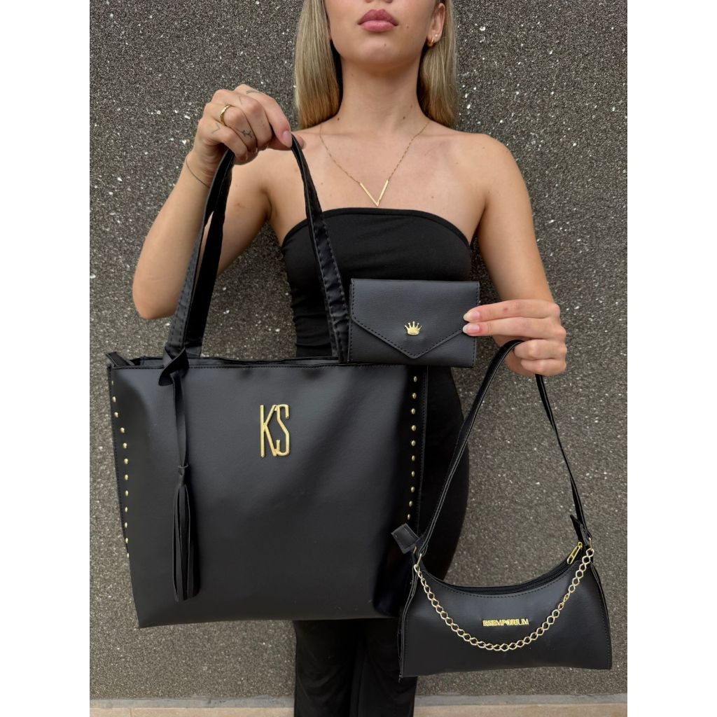 Bolsa Sacola Grande Espaçosa Tote+ Bolsa Hype Pequena Elegante Fechamento Zíper +Carteira Pequena Simples Fechamento Imã