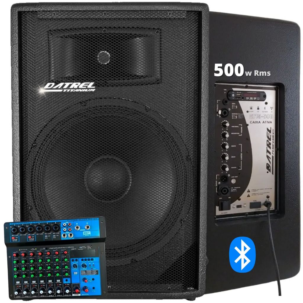 Kit Caixa de Som 500w Rms Ativa 15 Polegadas Titanio Amplificada Acustica Profissional + Console Mesa 8 Canais Bluetooth