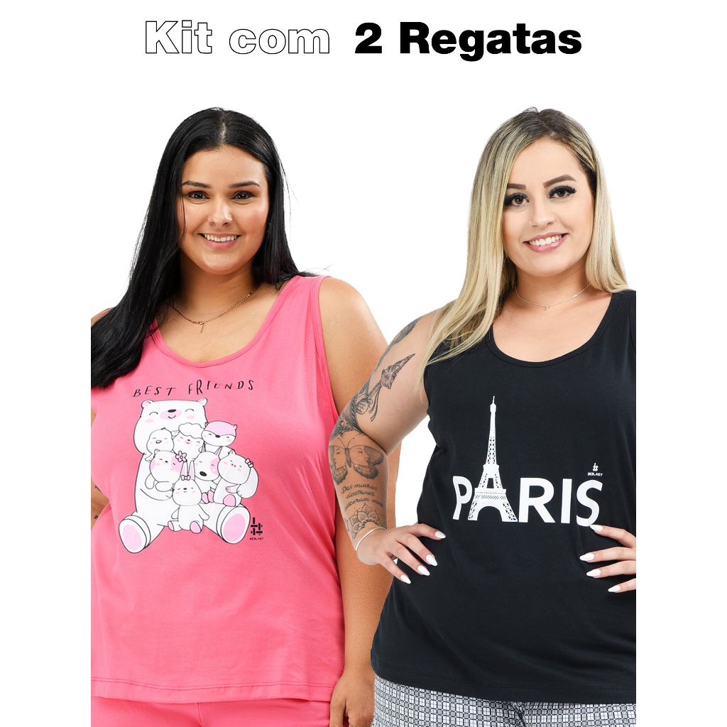 Kit 2 Regatas Femininas Plus Size 100% Algodão G1 ao G6 Confortável BeBlast