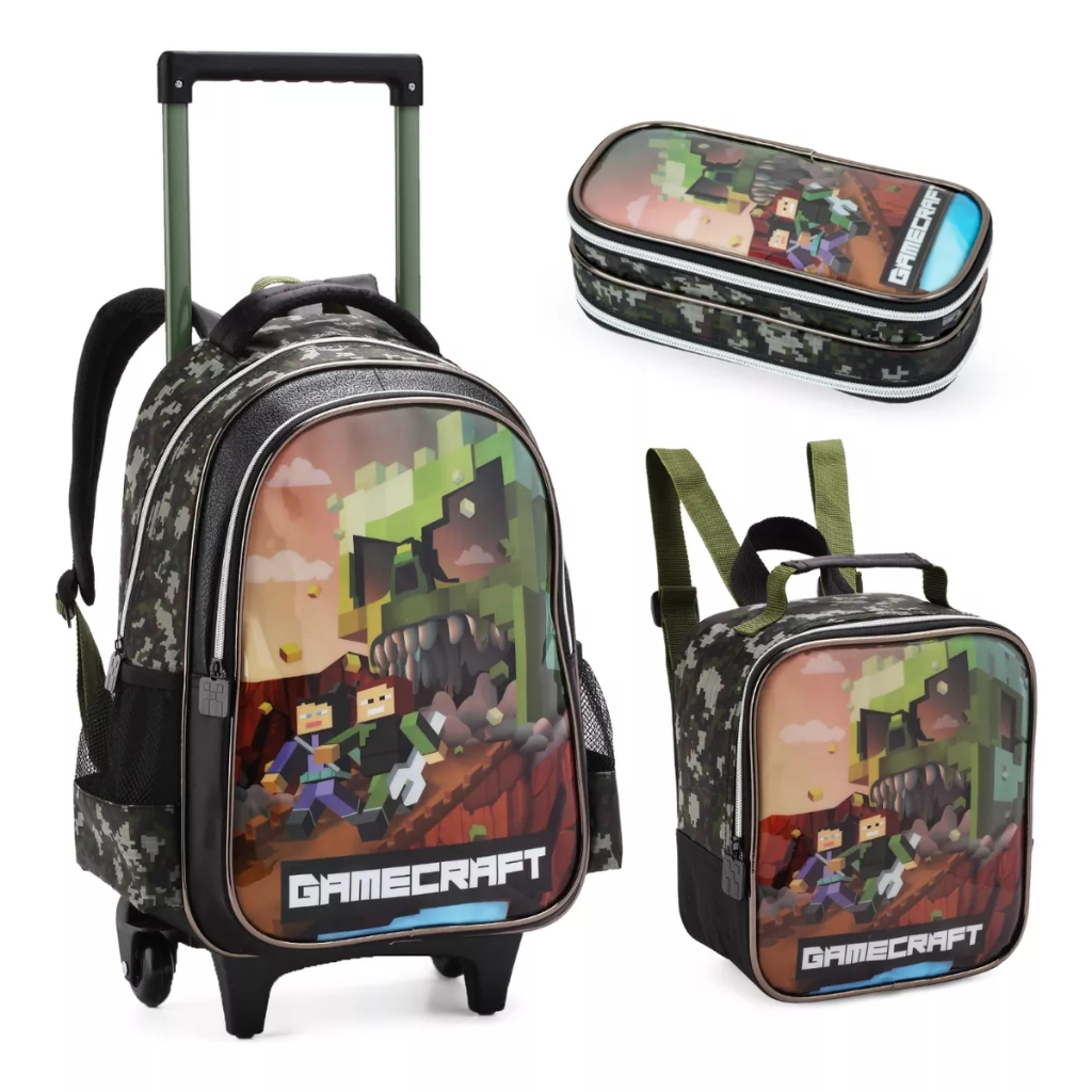 Kit 3 Peças Mochila Rodinha Infantil Frozen Play Gamer Minnie Carros Unicornio Gamecraft Escolar Meninas Meninos