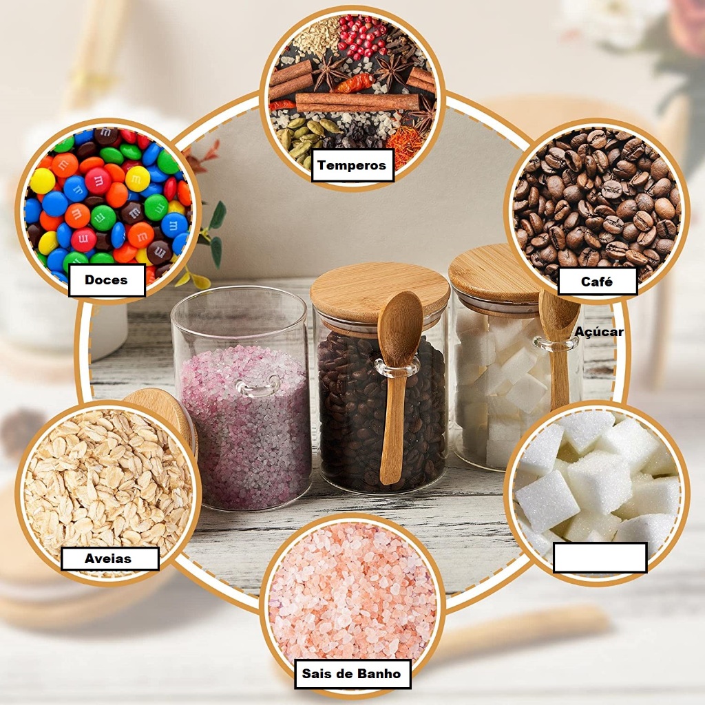PROMOÇÃO Pote Vidro 8,5 x 20 cm = 1000ml Borossilicato Hermético Tampa Bambu Colher Bambu