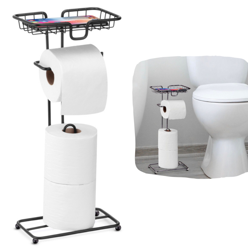 Porta papel Higienico De Chão Preto Luxo Lavabo Banheiro Suporte Celular Lenço Absorvente Papeleira