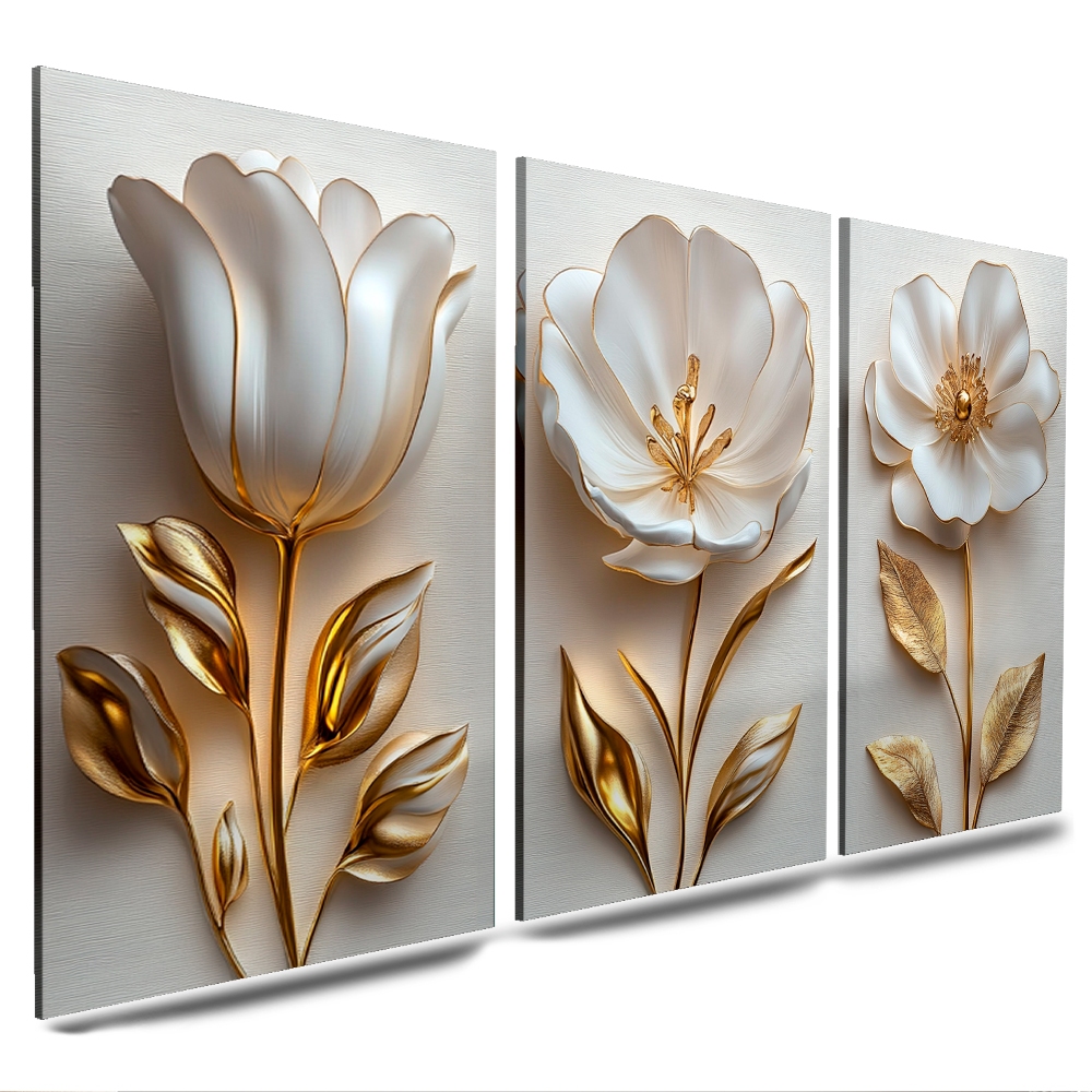 Quadros Flores Delicadas Brancas Brilhantes 3 Peças Fundo Branco Com Flores Douradas  120x60cm(T.B.) em Oferta na Shopee