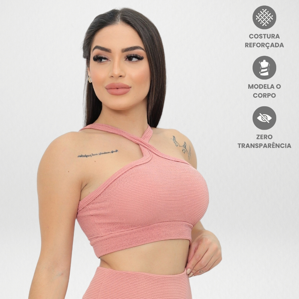 Top Canelado Cruzado Cropped Roupa Academia Feminina Treino Fitness Corrida Esportiva