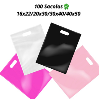 100 Sacolas Plásticas - 16x22 / 20x30 / 25x35 / 30x40 / 40x50 - Boca de Palhaço / Alça Vazada em Oferta na Shopee