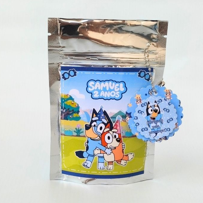SAQUINHO METALIZADO ZIPLOCK PERSONALIZADO PARA LEMBRANCINHA BLUEY AZUL TAMANHO P - 15X10 CM