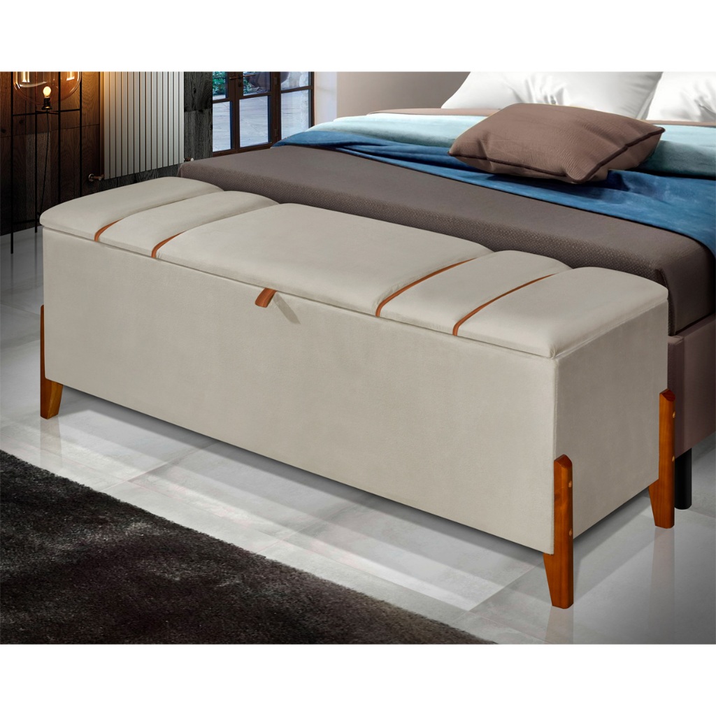 Recamier Baú Retro Pés Madeira Casal Roma 130cm Luxo Moderno Puff Guardar Sapateira Enxoval