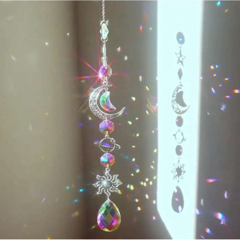 Carillon de Vento Lua & Sol de Cristal com Prisma de Diamante -para Decoração de Casa e Jardim, Pingente em Oferta na Shopee