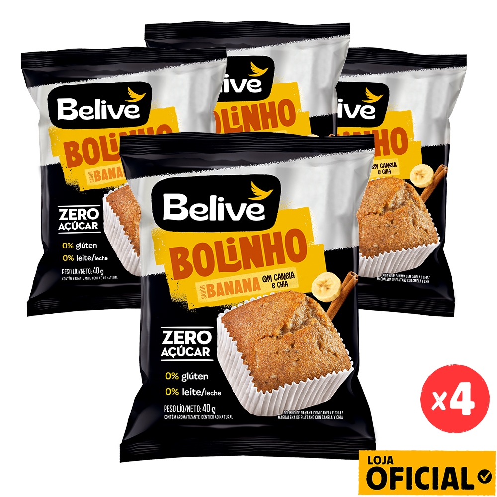Kit 4 Bolinhos Banana com Canela e Chia Sem Açúcar Sem Glúten Belive