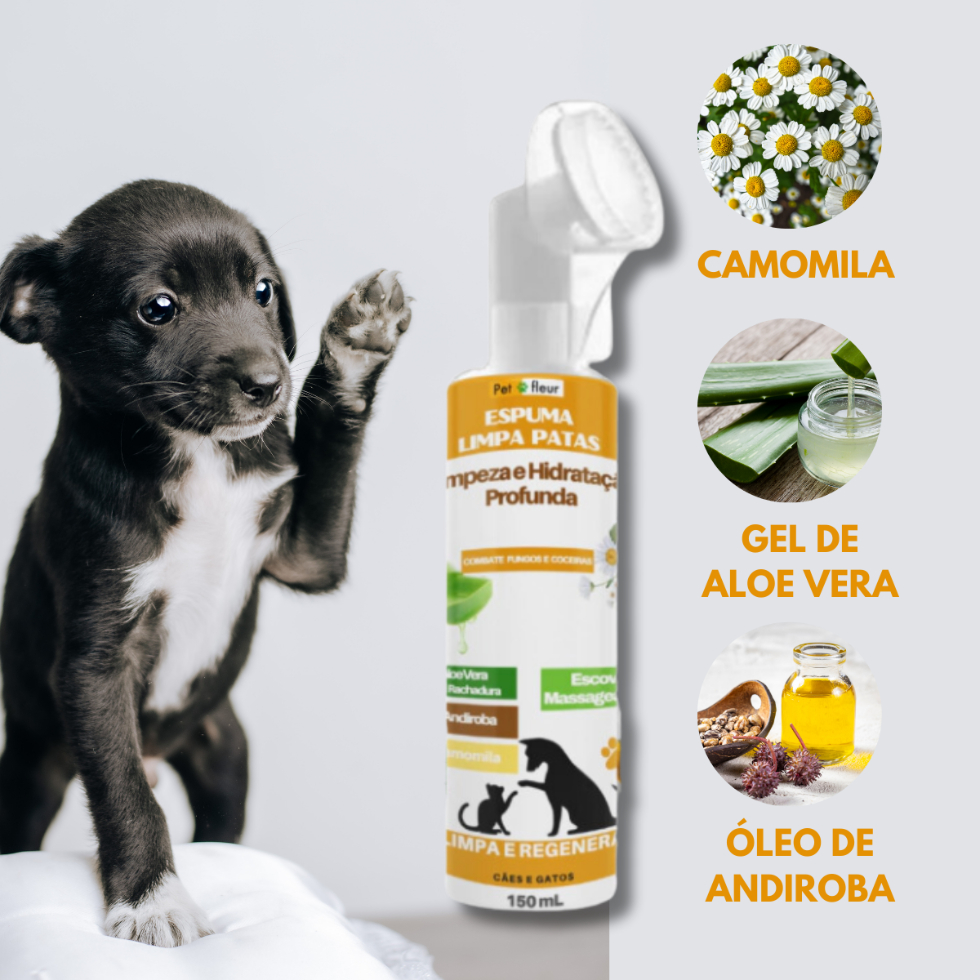 Espuma Antifúngica para Limpeza de Patas de Cães e Gatos com Escova Massageadora, Óleo de Andiroba e Vitamina E"