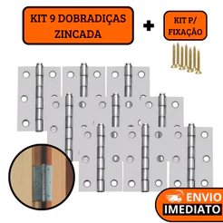Kit 9 Dobradiças Zincada Porta De Madeira COM PARAFUSO - 3,8cm / 5cm / 6,4cm / 7,6cm / 8,9cm / 10cm