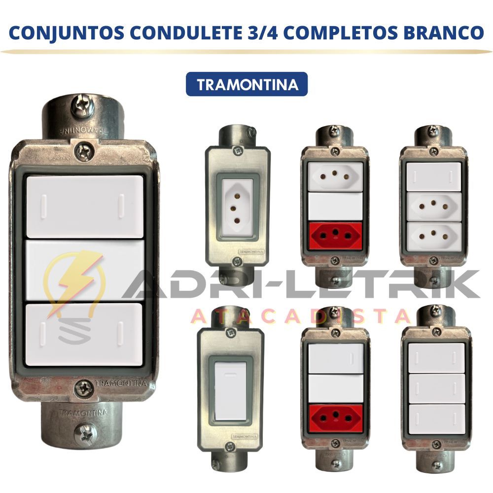 CONJUNTO CONDULETE  3/4  COM TOMADA E INTERRUPTOR TRAMONTINA ALUMINIO LIZ BRANCO em Oferta na Shopee