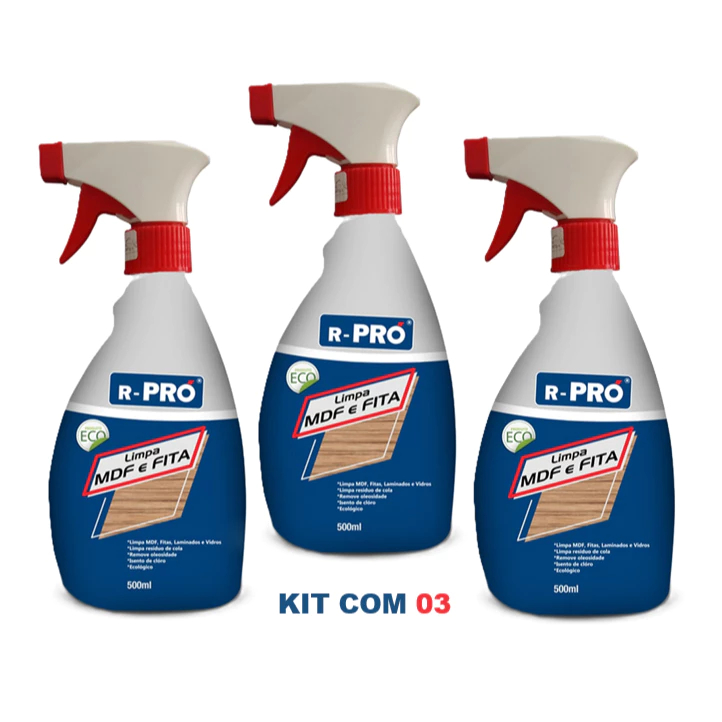 KIT 3 Limpa MDF e Fita R-PRÓ Multiuso 500 ml Desengraxante Limpeza de móvel MDF, Vidros com Aroma CÍtrico
