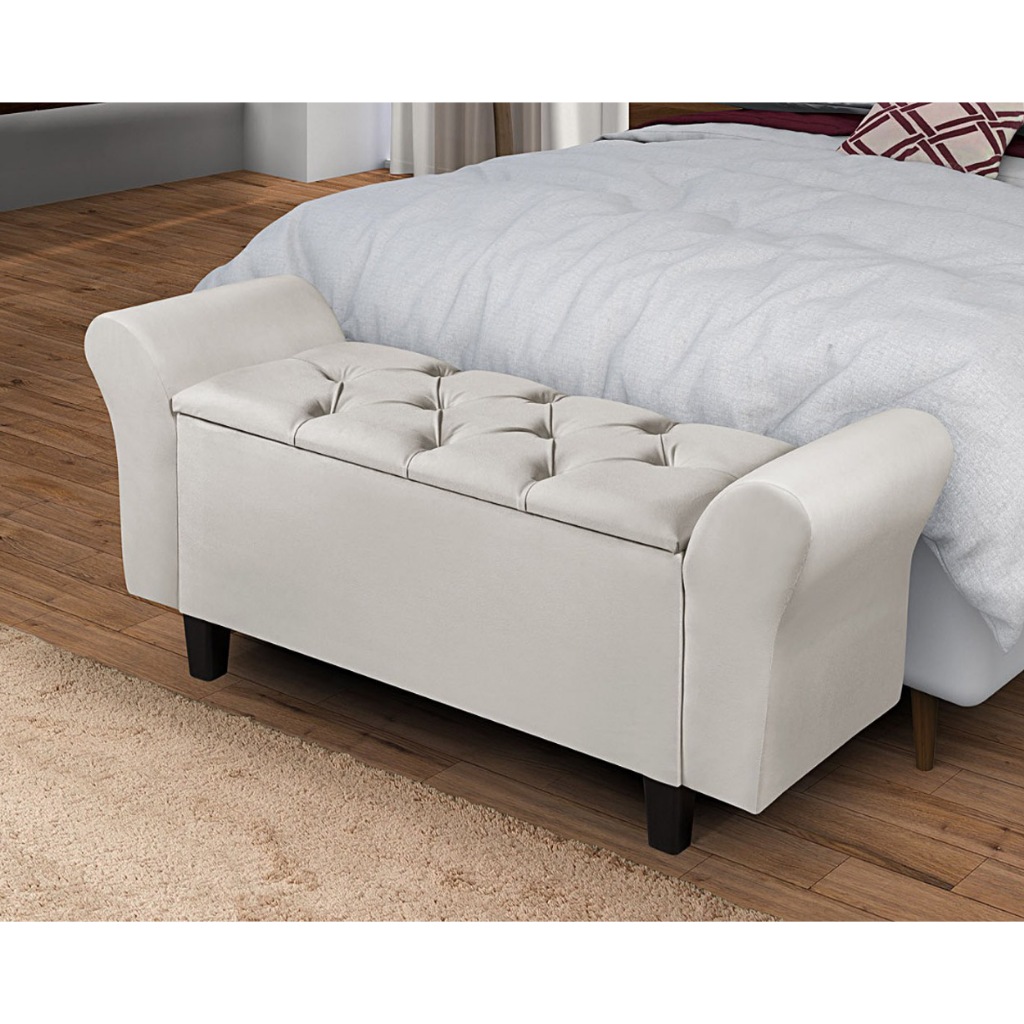Recamier Baú Estofado com Braços Capitonê para Pé Cama Quarto Lara 1,50m Casal Elegante Decorativo