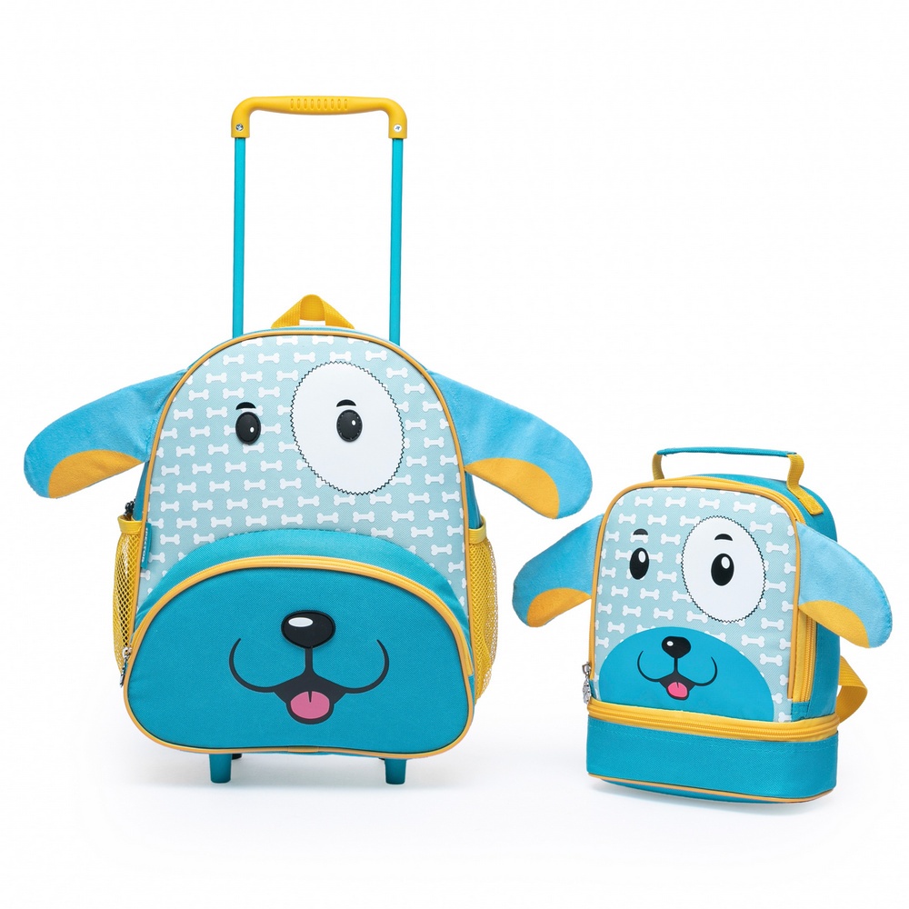 Kit Mochila Pré Escolar Cachorro Rodinha Alça costas mao Resistente Lancheira Masculino