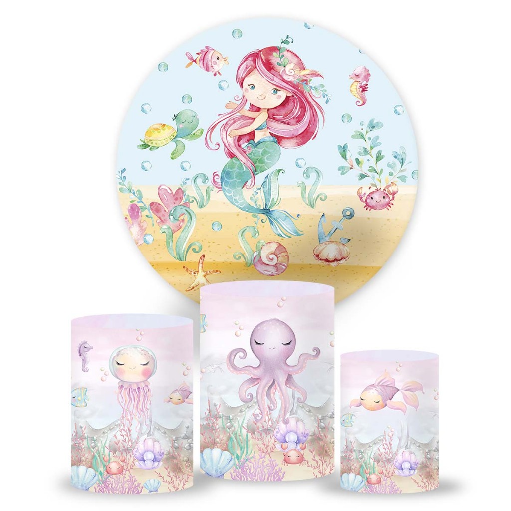 Sereia cute, Painel de festa, painel redondo, capa de cilindro