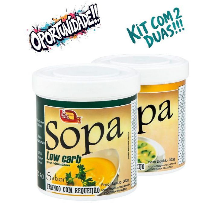 Sopa Low Carb Nutricional Cremosa Light kit com dois (2) frascos. Frango Com Requeijão e Legumes com queijo.