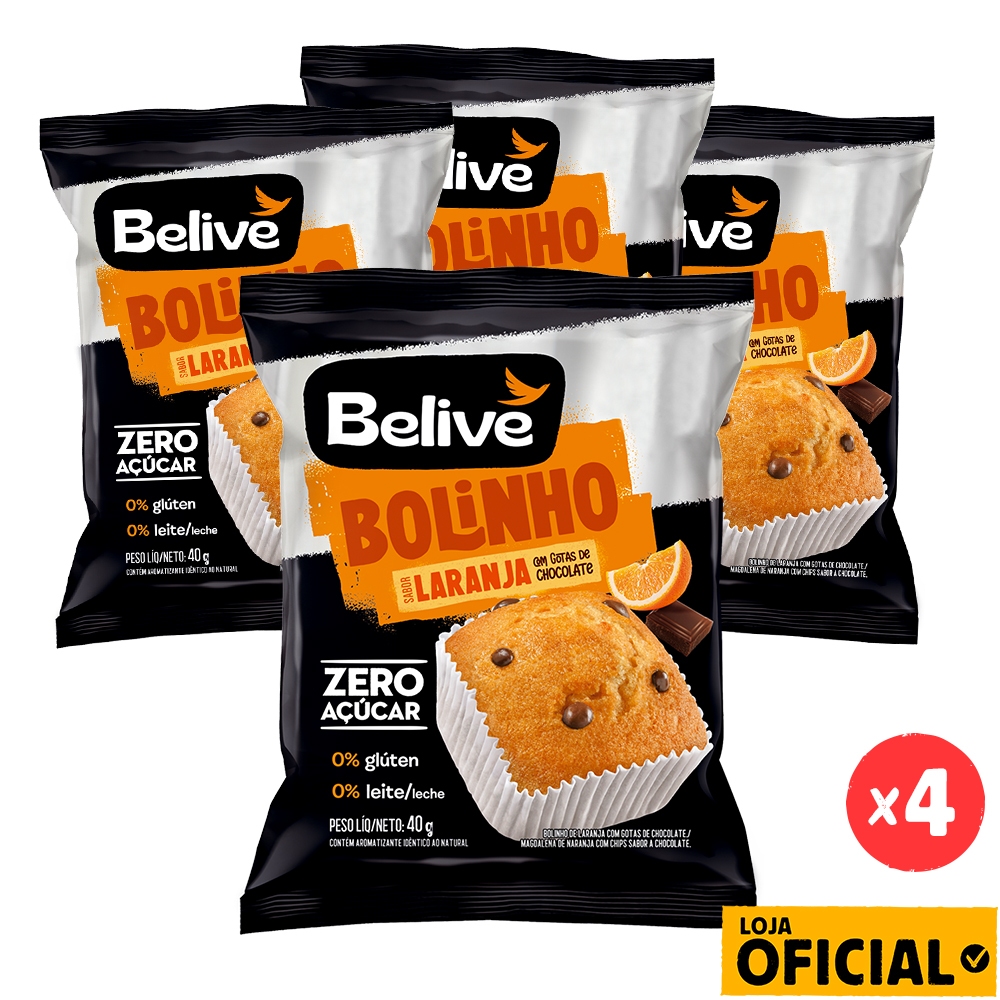 Kit 4 Bolinhos Laranja com Gotas de Chocolate Sem Açúcar Sem Glúten Belive