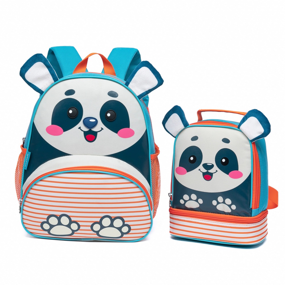 Kit Mochila + Lancheira Compartimento Duplo Pré-Escola Panda Creche Alças Costas Mao Resistente Bolsos Laterais Infantil