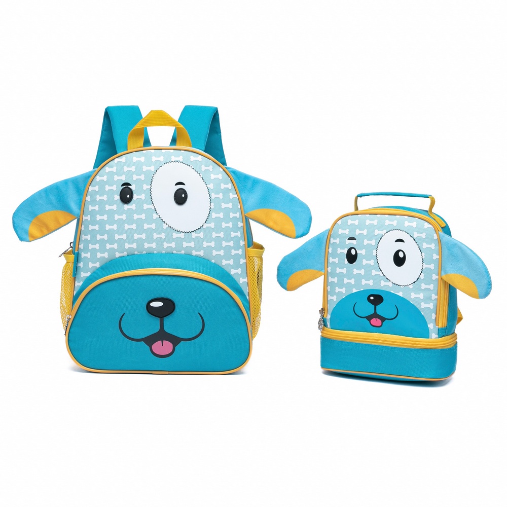 Kit Mochila Lancheira Infantil Pré-Escola Cachorro Menino Alças Costas Mao resistente Bolsos Laterais Creche
