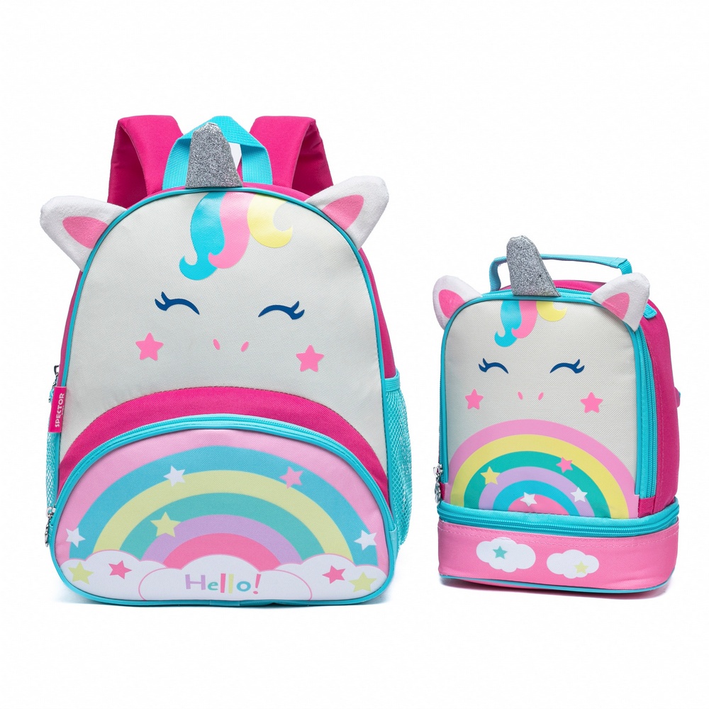 Kit Mochila Lancheira Unicornio Arco Iris Pré-Escola Creche Alça Costas Mao Resistente - Baby & Kids Fashion