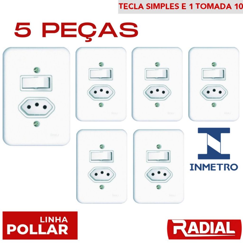 Kit 5 unidades 1 Tecla simples + Tomada única 10a ou 20a Completa Branco Bivolt