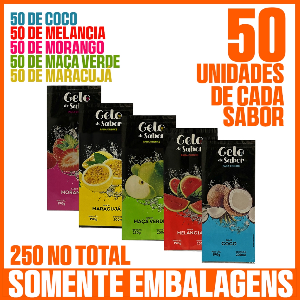 Kit Com 250 Embalagens Saquinho Bopp Para Fabricação De Gelo Saborizado - 50 Unidades de Cada Sabor/Modelo